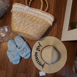 Bride Straw Tote and Just Married Hat Set